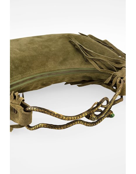 Khaki Suede Shoulder Bag with Fringes