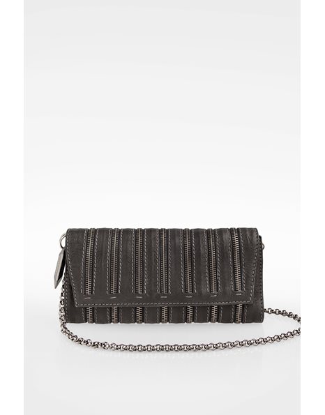 Anthracite New York Leather Chain Clutch with Decorative Zippers