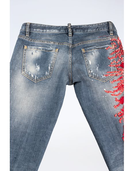 Blue Cotton Denim Embellished Jeans with Corals / Size: 42 IT - Fit: S