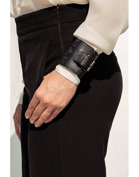 Μαύρο Δερμάτινο Cuff Bracelet με Πλεκτές Έθνικ Λεπτομέρειες