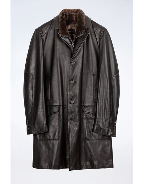 Black Leather Coat with Removable Sheepskin Lining / Size: 52 - Fit: True to Size