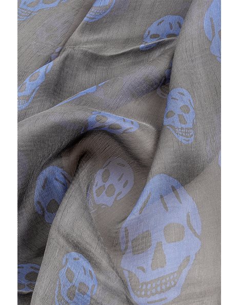 Gray Silk Scarf with Blue Printed Skull Logo