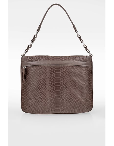 Brown Leather Shoulder Bag with Snake Effect