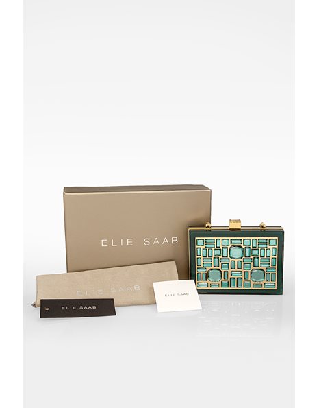 Dark Green Clutch with Blue Crystals and Gold Details