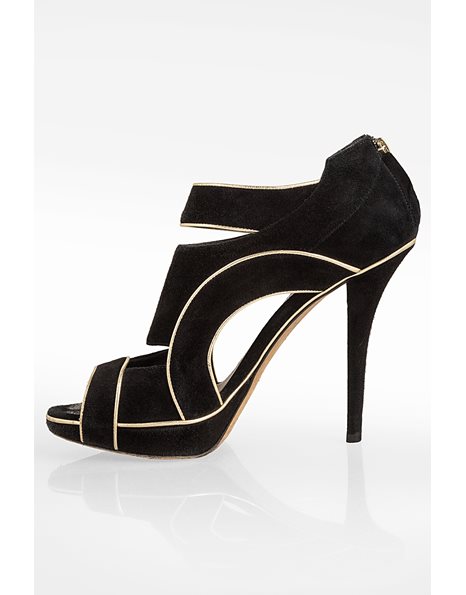 Black Suede Leather Cut Out Heel Sandals with Gold Leather Details / Size: 39 - Fit: True to size