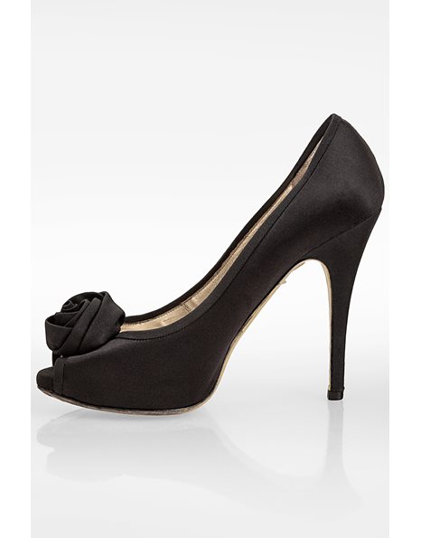 Black Satin Peep-Toe Heels with Black Satin Rose / Size: 39.5 - Fit: True to size