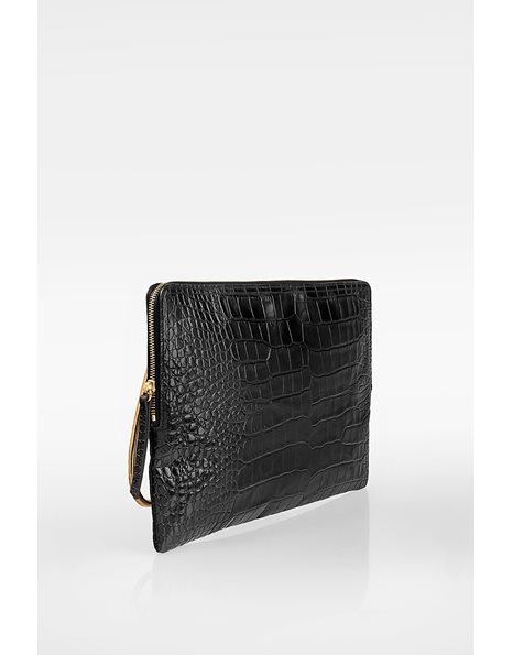 Black Wristlet Clutch with Embossed Crocodile Effect