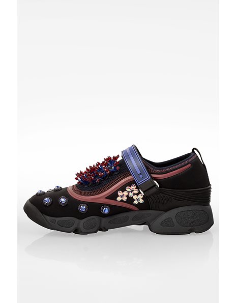 Black Neoprene Sneakers with Burgundy and Blue Crystal Embellishments / Size: 38 - Fit: 37.5