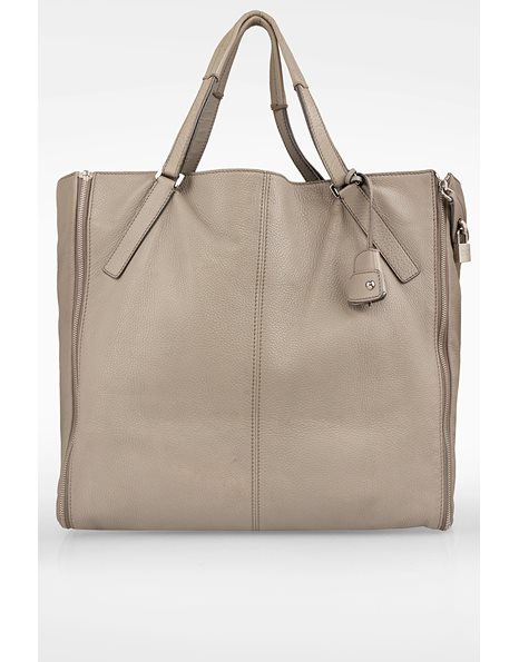 Gray-Beige Leather Shoulder Kati Bag with Zipper
