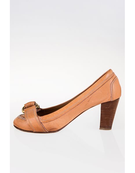 Light Tan Leather Pumps with Buckle