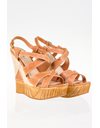 Tan Leather Sandals with Wooden Wedges / Size: 38 - Fit: True to size