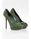 Forest Green Suede Pumps with Wooden Heel / Size: 39 - Fit: True to size