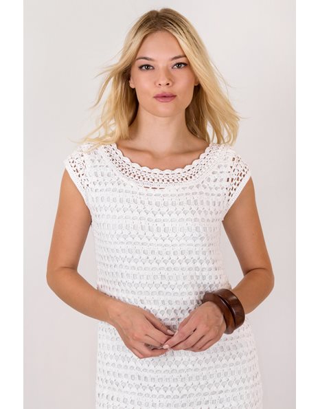 White Knitted Dress with Round Neckline / Size: S - Fit: XS / S