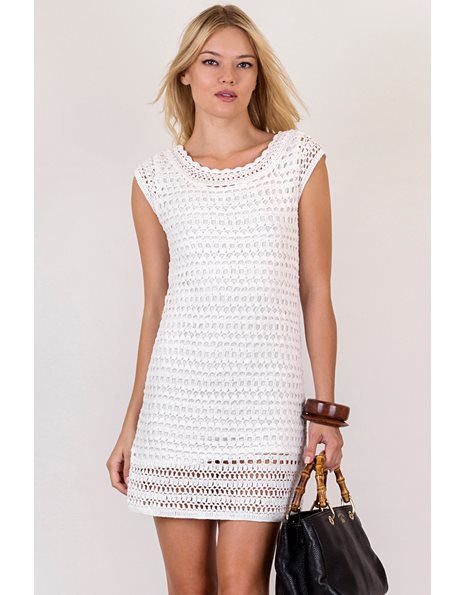 White Knitted Dress with Round Neckline / Size: S - Fit: XS / S