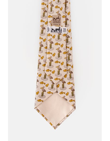 Ecru Silk Tie with Pelicans Print