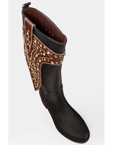 Black Wellington Boots with Brown Leather Details and Crystals / Size: 38 - Fit: 39.5