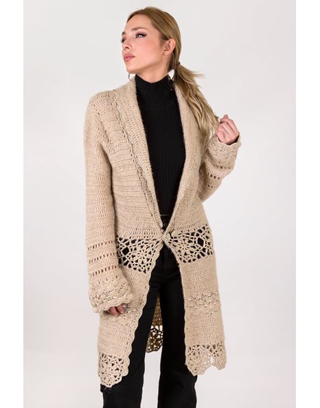 Beige Knitted Cardigan with Metallic Thread / Size: M - Fit: XS