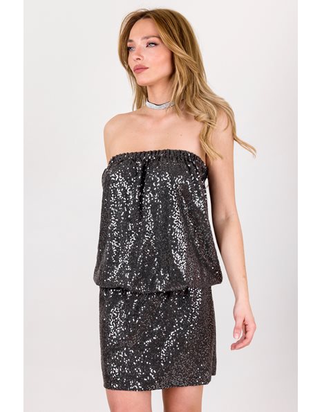 Γκρι Strapless Φόρεμα με Σκούρες Ασημί Παγιέτες / Μέγεθος: L - Εφαρμογή: S