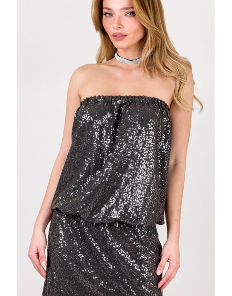 Grey Strapless Dress with Silver Sequins / Size: L - Fit: S