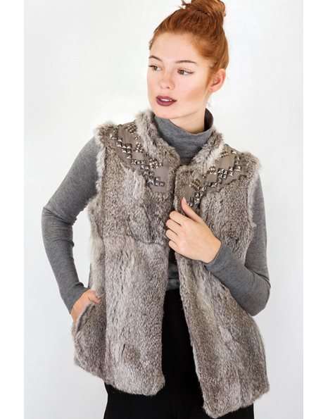 Adorned Grey Rabbit Fur Vest / Designer size: T2 - Fit: S