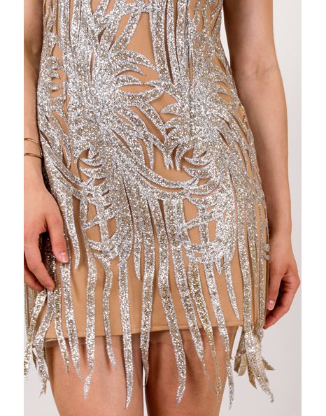 Ασημί - Nude Βραδινό Φόρεμα με Ύφανση Glitter / Μέγεθος: ? - Εφαρμογή: Medium
