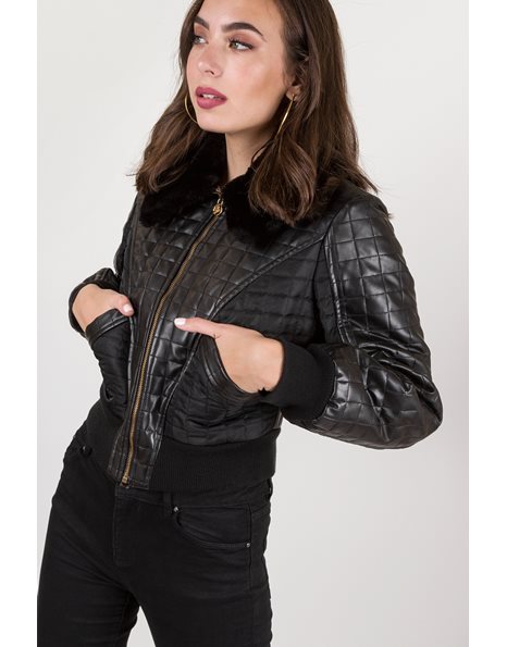 Black Faux Leather and Nylon Bomber Jacket / Size: 40 - Fit: S