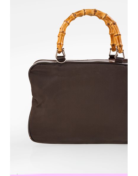Brown Patent Leather-Nylon Bamboo Handbag