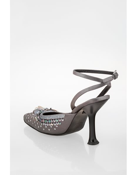 Grey Satin Square Toe Pumps with Sequins / Size: 37 - Fit: 38