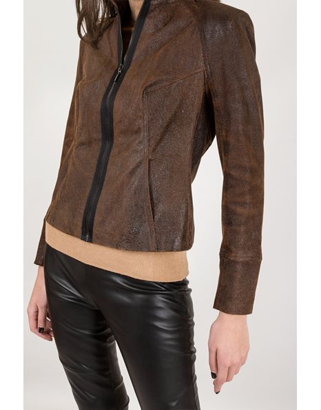 Brown Crackled Leather Jacket / Size: ? - Fit: XS