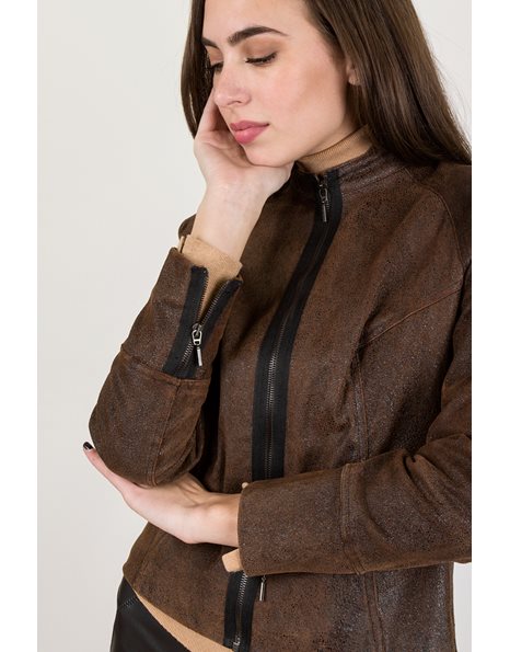 Brown Crackled Leather Jacket / Size: ? - Fit: XS