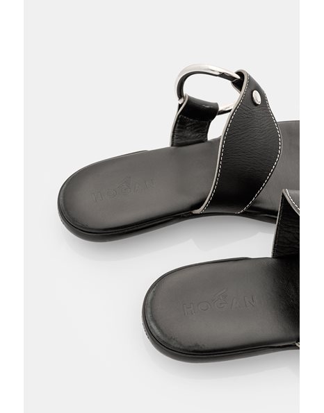 Black Leather Flat Sandals with Silver Hoop / Size: 40.5 - Fit: 40