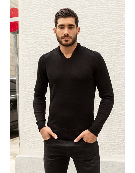 Black Wool V-Neck Blouse / Size: Μ - Fit: S