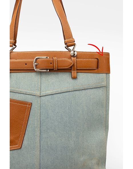 Denim Tote Bag with Tan Leather Belt and Pocket