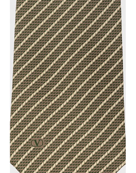Beige - Brown Stripe Print Silk Tie
