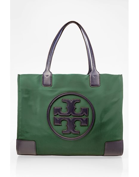 Green Nylon Tote Bag with Navy Leather Details