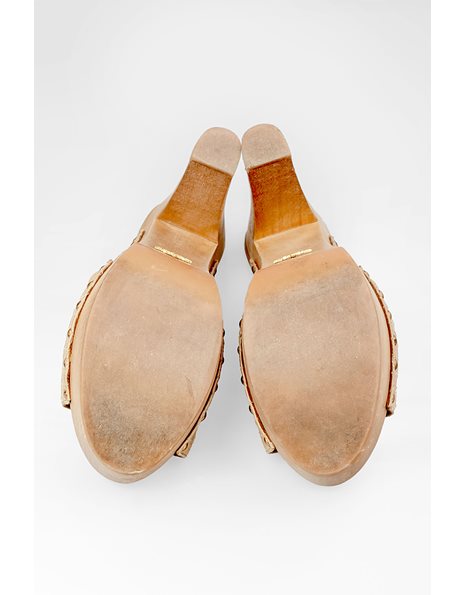 Nude Leather Mules with Wooden Heel /  Size 40 - Fit: True to Size