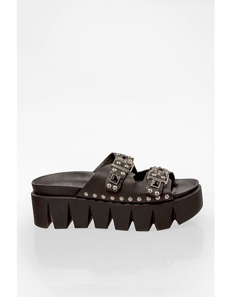 Black Leather Studded Sliders and Black Crystals / Size: 40 - Fit: True to Size