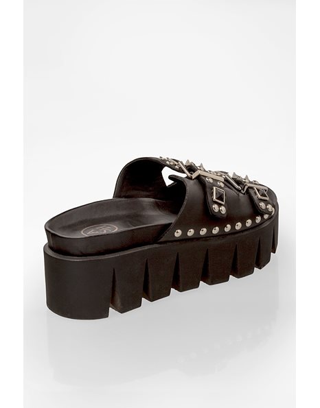 Black Leather Studded Sliders and Black Crystals / Size: 40 - Fit: True to Size