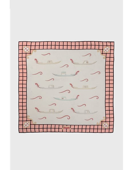 Silk Scarf with Boat Print and Pink Check Trim 