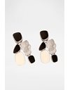 Silver Tone Earrings with Black / Ecru Enamel and Small Crystals