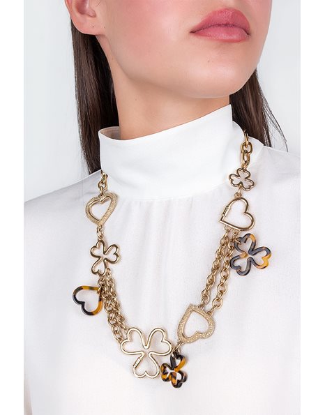 Gold Plated Necklace / Chain with Hearts, Clovers and Tortoiseshell Details
