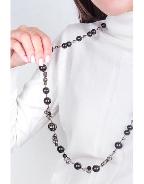 Dark Silver Tone Necklace / Chain with Black Beads and Crystals