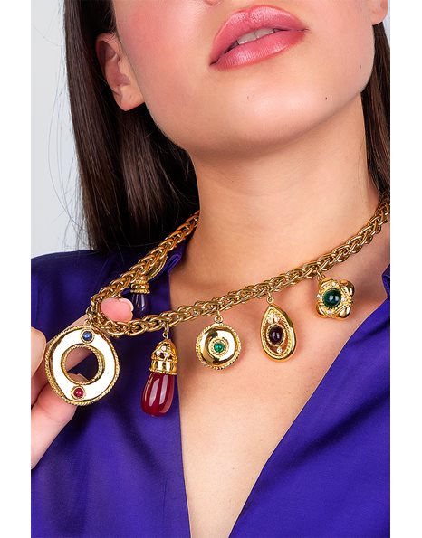 Gold Plated Cabochon Resin Crystal Charm Chain Necklace