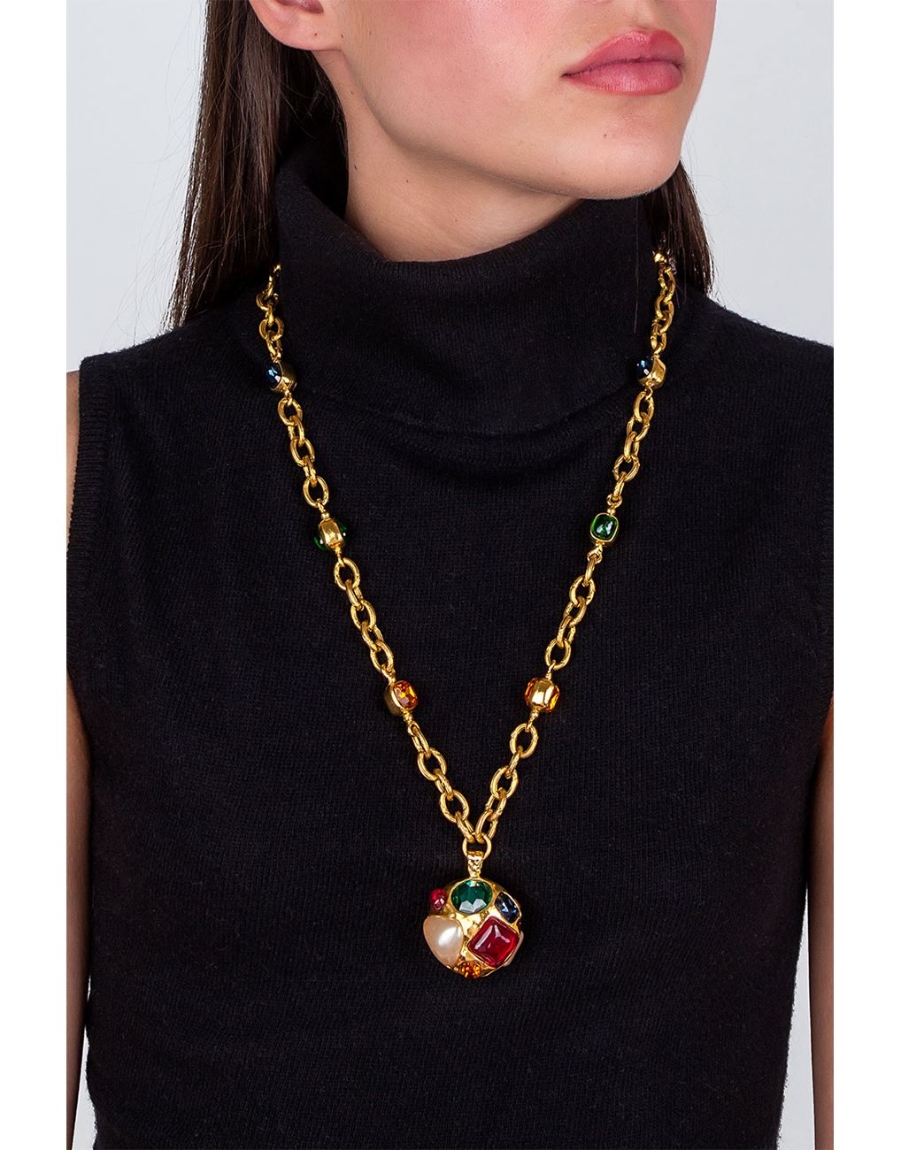 Chanel Gold Long Necklace with Colorful Sphere of Crystals and