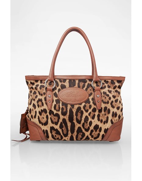 Animal Print Tote Bag with Brown Leather Details