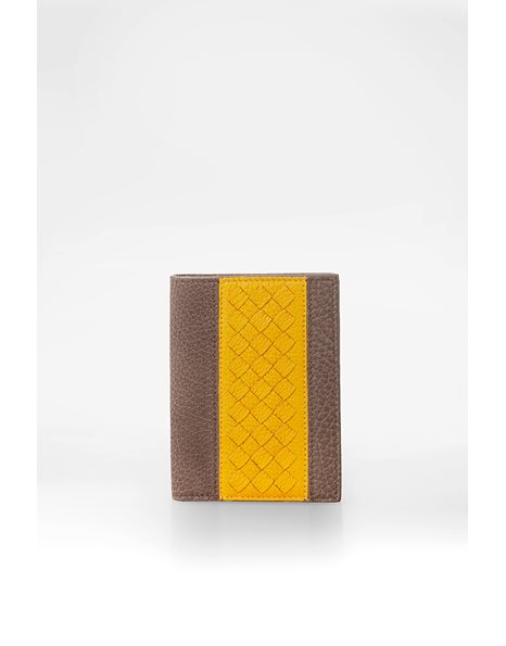 Men's Taupe Leather Wallet with Mustard Yellow Intrecciato Detail