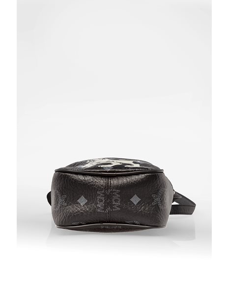 Black Leather Crossbody Bag with Logo and Lion Print