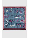 Blue Silk Scarf with Pink Frame and Flower and Bird Print
