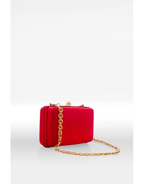 Red Satin Clutch with Decorative Pearl and Gold Tone Chain
