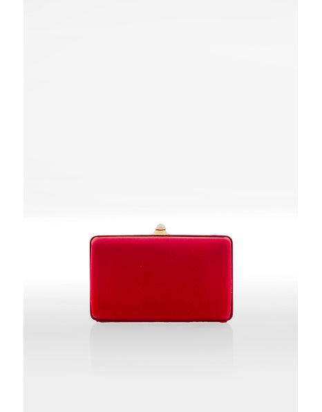 Red Satin Clutch with Decorative Pearl and Gold Tone Chain